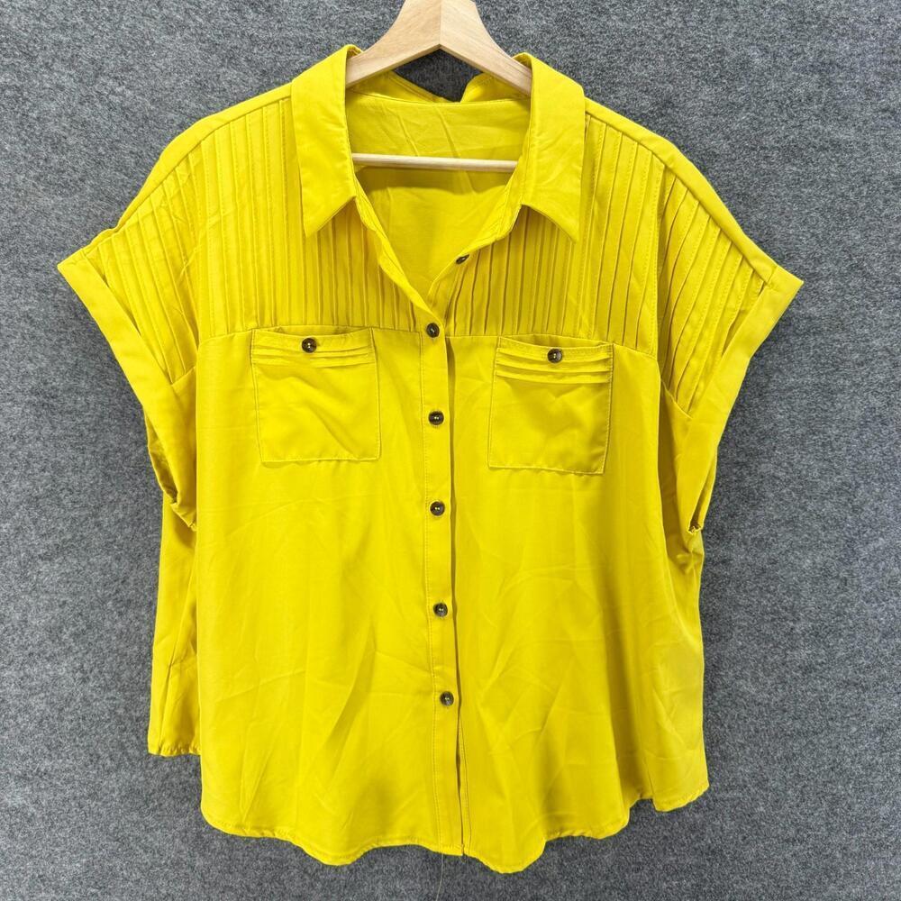 SheIn Shirt Women 2XL Yellow Button Up Collared Short Sleeve Pockets Casual